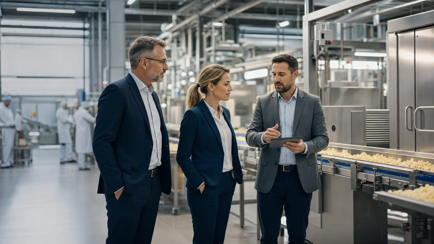 Food manufacturing executives and operations leaders reviewing production activity inside a modern processing facility